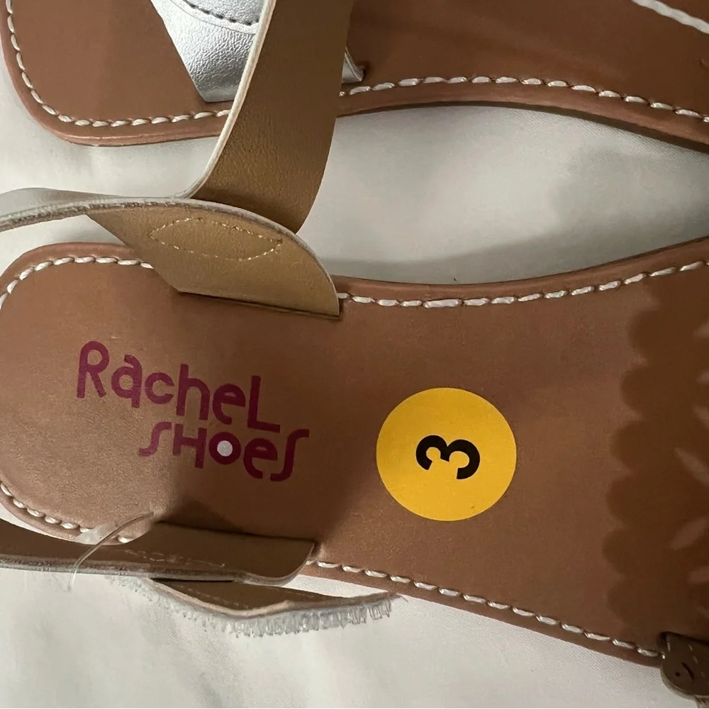 Rachel Silver and Tan Strap & Buckle Slippers, Size 3, NWOT